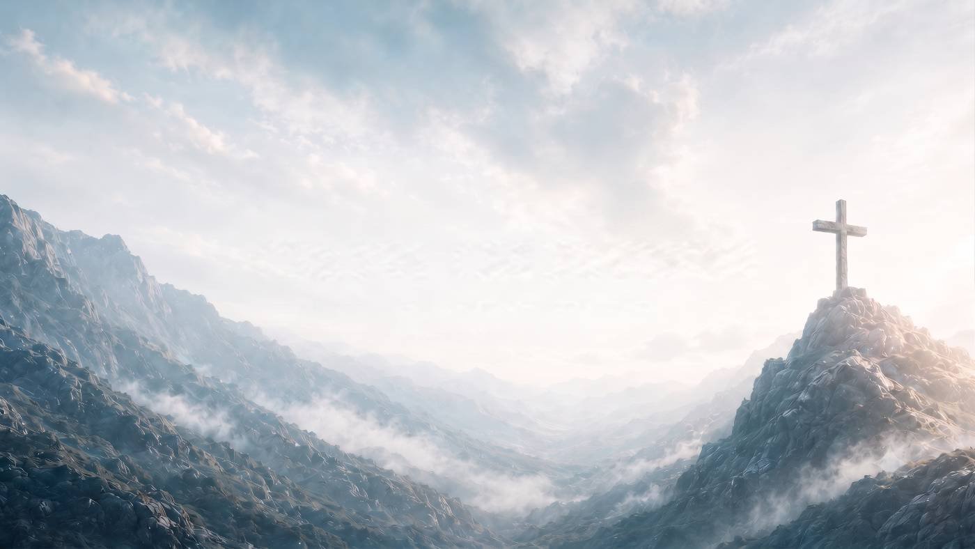 A cross on a mountain ridge above a sunlit valley of cloud